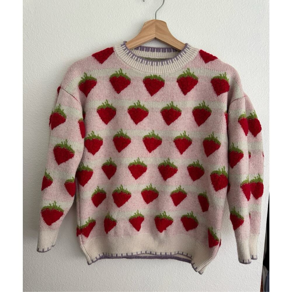 Vintage Handmade Womens Strawberry Knit Sweater Pink White Striped Pullover XS/S - Picture 1 of 9